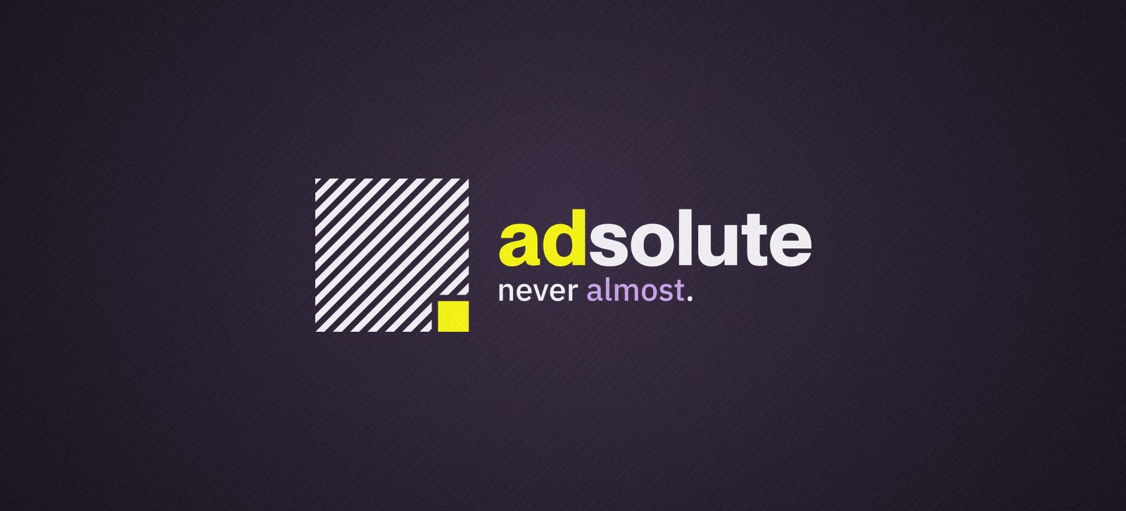 The ADSOLUTE logo: the striped square, adsolute, never almost.