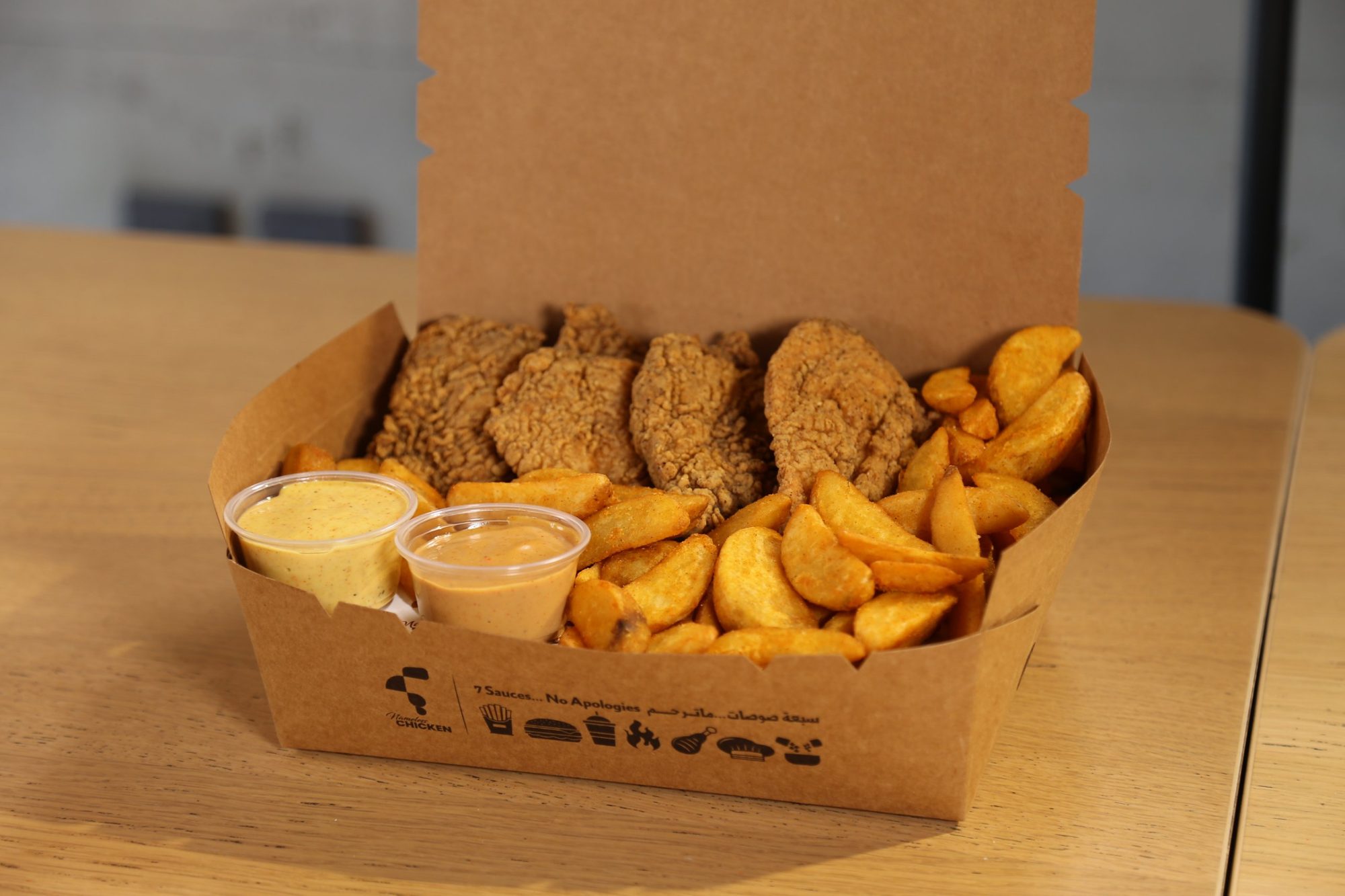 Chicken tenders, potato wedges and two sauces in a Nameless Chicken box