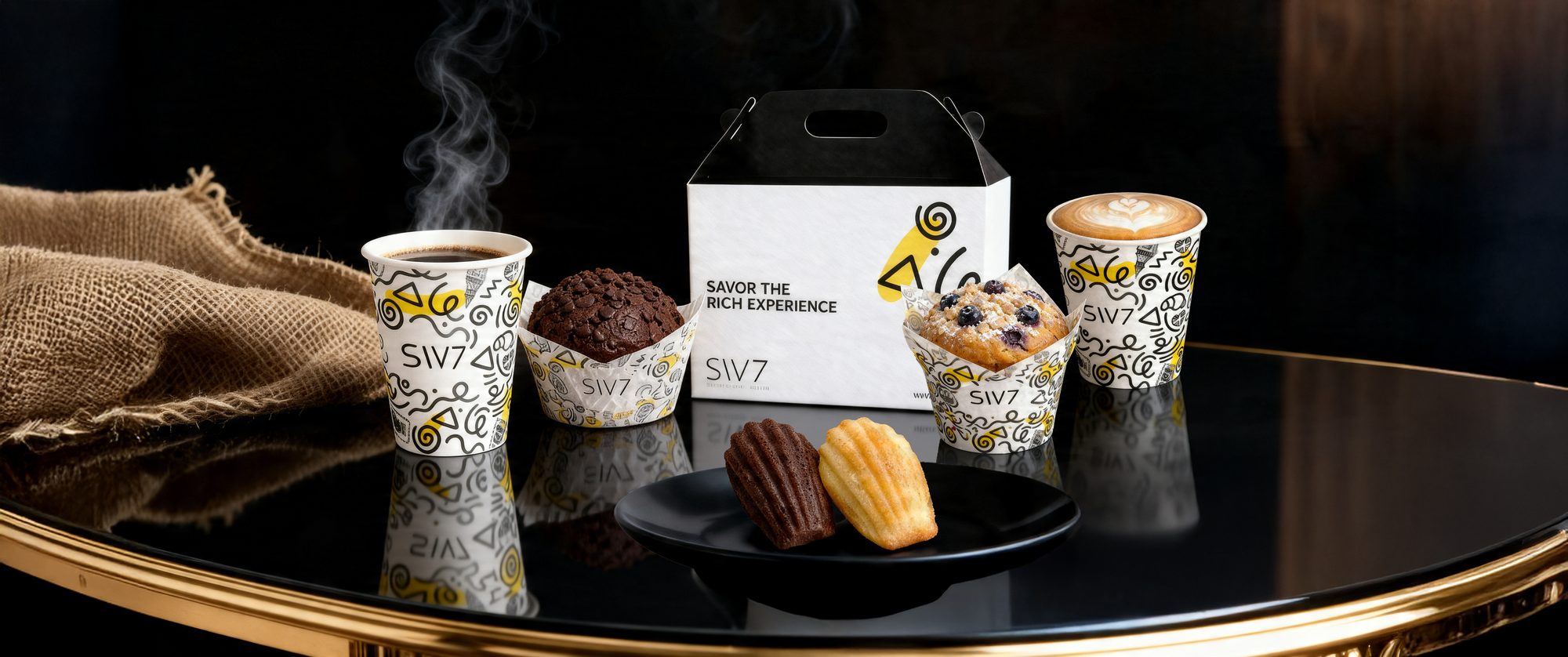 SW7 cups, a gift box and pastries on a black table